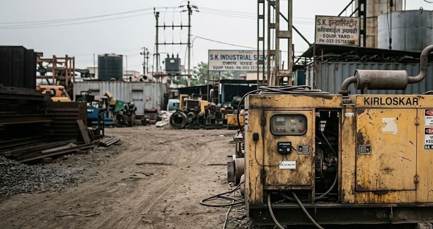 Industrial equipment yard with generator and fabrication gear
