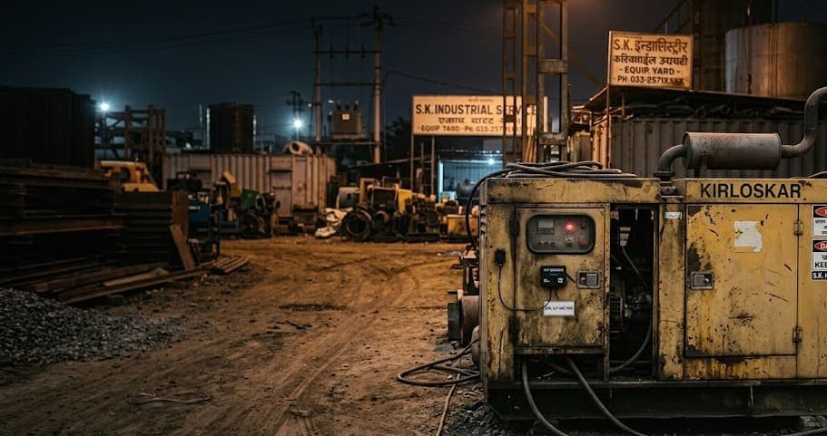 Industrial contractor equipment yard at night